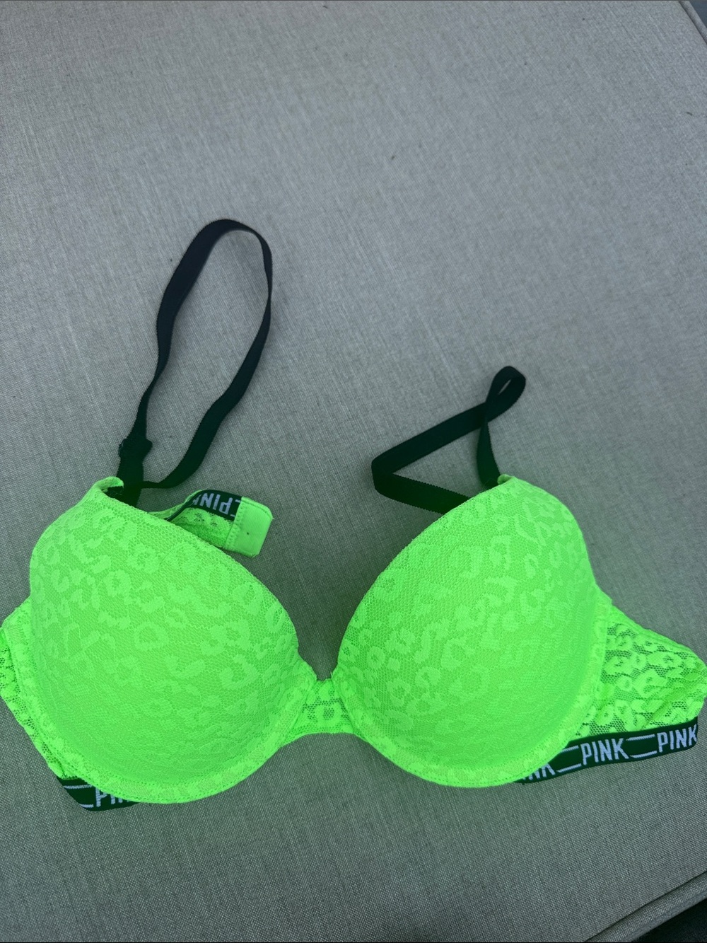 PINK Victoria's Secret Neon Lime Lace Push-Up Bra